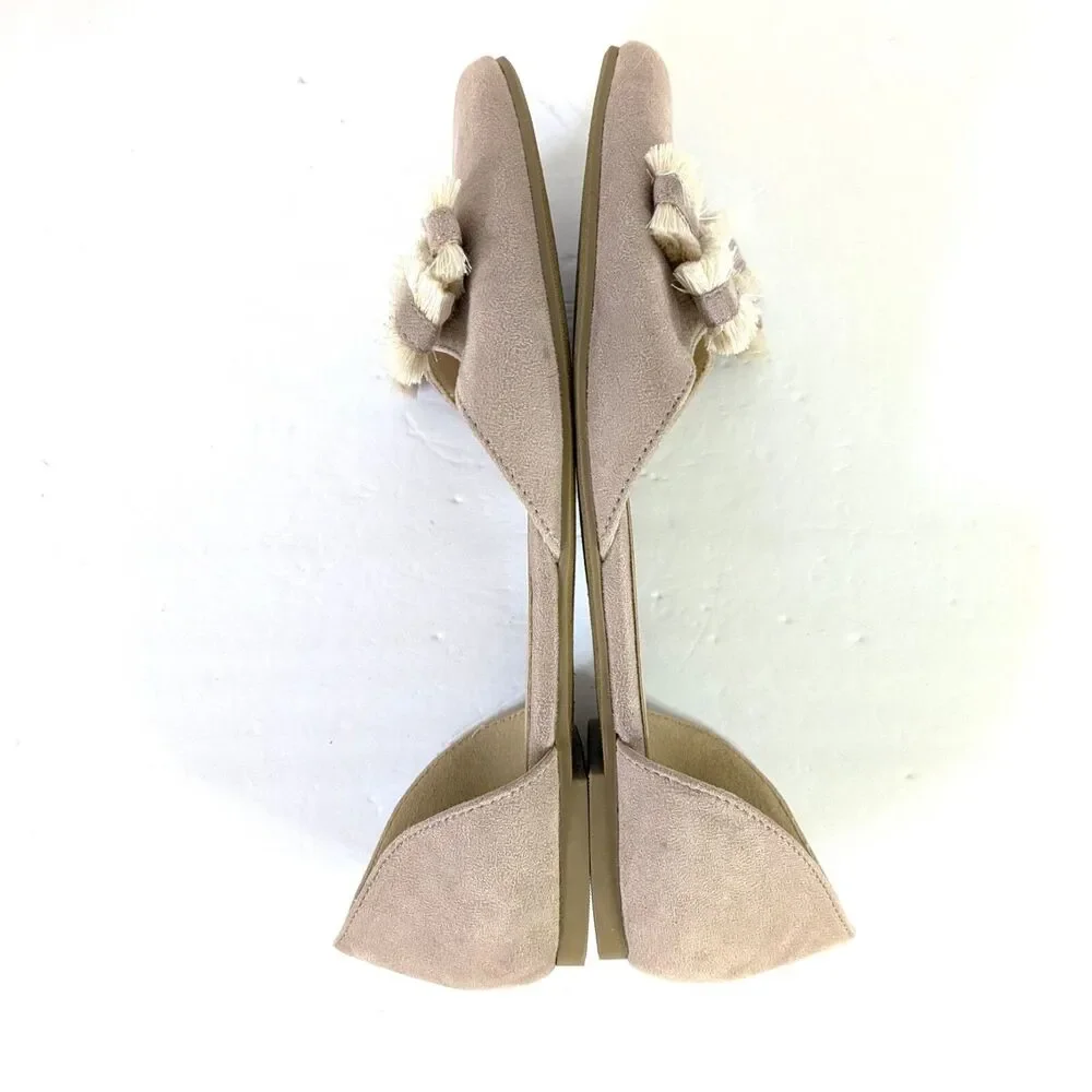Restricted Flats 8.5 Taupe Faux Suede Pointed Toe Ribbon Fringe Shoes Boho - Picture 4 of 12